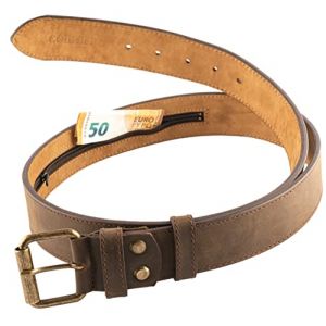 comari Premium Ceinture Porte Monnaie en Cuir, Poche Secrète en Tissu, Longue Fermeture Éclair, Cache Billets de Voyage, Faite Main (Marron Vintage) (comari, neuf)