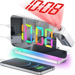 SZELAM R&eacute;veil &agrave; projection, 18,7 cm, horloge num&eacute;rique LED, grand &eacute;cran, avec projecteur rotatif &agrave; 180&deg;, veilleuse RVB, port USB C, horloge de bureau moderne pour d&eacute;coration de chambre &agrave; coucher &ndash; (REMYRAND INC, neuf)