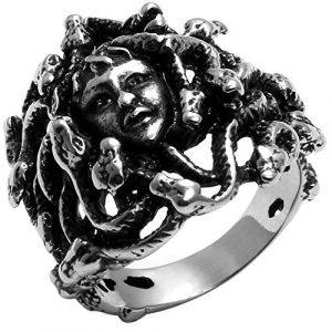 JewelryWe Bijoux Bague Homme Mythologie Grec Déesse Medusa Serpent Vintage Anniversaire Acier Inoxydable Anneaux Fantaisie Couleur Argent Noir Largeur 4.5-25mm avec Sac Cadeau(Taille de Bague 64.5) (JewelryWe Bijoux, neuf)