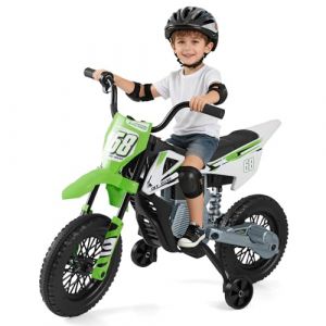 COSTWAY 12V Moto &Eacute;lectrique Enfant avec Roues d'Entra&icirc;nement & Batterie Amovibles, Voiture &Eacute;lectrique Enfant avec Suspension &agrave; Ressorts, Musique et Connexion sans Fil, 3-5 km/h, Charge 30 kg, 3-8 Ans (FDS GmbH, neuf)