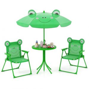GOPLUS Ensemble Salon de Jardin Enfant 4 PCS, Table Pique-Nique Enfant avec 2 Chaises Pliante, Parasol Réglable en Hauteur, Charge 75KG, Table Exterieur pour 3-6 Ans (Grenouille Vert) (Augenstern24, neuf)