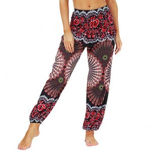 Nuofengkudu Femme Harem Pantalon Sarouel Thaïlandais Hippie Baggy Léger Boho Ethnique Smockée Taille Haute avec Poches Yoga Pants Été Plage(Y-Modèle H,Taille Unique) (better Life, neuf)