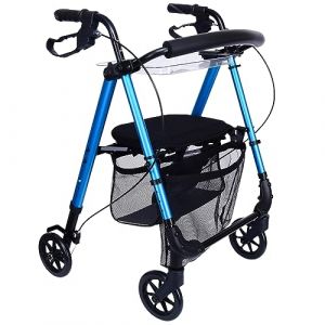 MOBILITY Plus+ Déambulateur d'intérieur ultra-léger IR10+ – Déambulateur pliable en aluminium – Rollator réglable avec accessoires (filet de transport & plateau amovibles) inclus – Bleu (outletstores-direct, neuf)