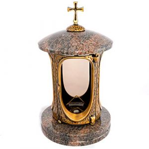 Lanterne funéraire élégante avec croix en granit de l'Himalaya - Hauteur : 27 cm - Diamètre : 15 cm - Lanterne funéraire - Lampe funéraire en granit bronze avec socle - Décoration funéraire (Naturstein-Produkte, neuf)