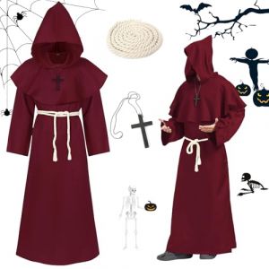 Sunshine smile Deguisement Moine,Prêtre Peignoir,Médiéval Renaissance Moine Costume Robe,Costume Robe de Prêtre Halloween,Soutane Costume,Costume Halloween Homme,Renaissance Priester Robe avec Croix (ZonQ, neuf)