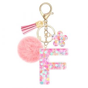 JSRQT Porte-cl&eacute;s Rose avec Initiale F pour Femmes Filles, Nom Porte-cl&eacute;s en R&eacute;sine Lettres Alphabet &agrave; Paillettes et Fleurs, Pompons Pendentifs Bijou de Sac Keychain pour Sac &agrave; Main et Sac &agrave; Dos (JSRQT-JR, neuf)