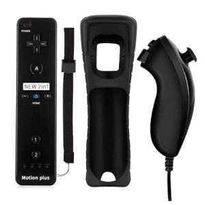 QUMOX 2 en 1 Manette pour Wii, Manette Nunchuck, Contrôleur Télécommande, Console Remplacement, Built in Motion Plus, avec Etui de Protection en Silicone pour Wii et Wii U Noir (SHOWYAN LIMITED, neuf)
