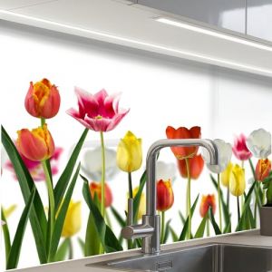 KitchenYeah&copy; Credence Cuisine Adhesive 60x80 cm Protege Mur Revetement Mural Adhesif Parement Interieur &Agrave; Coller Plaque Plastique Rigide Fleurs - Tulipes - Color&eacute; (KitchenYeah, neuf)