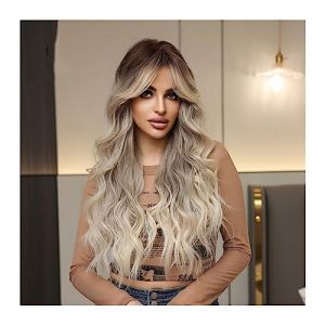 Perruque Naturel Blonde Ombre Brun Blonde Perruque Synthétique Longue Perruques Ondulées avec Frange Quotidien Cosplay Partie Utiliser Fibre Résistant À La Chaleur for les Femmes Perruque Coupe (zengfanjunuk, neuf)