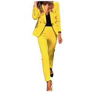 G&eacute;n&eacute;rique Costume Femme 2 Pi&egrave;ces Tailleur Femme Ensembele Pantalon et Veste Blazer Chic et Elegant Couleur Unie Slim Fit Formel Bureau Travail Office Pantalon Habill&eacute; Costume (Jaune, M) (Qingyak, neuf)