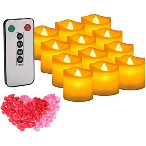 IMAGE Lot de 12 bougies chauffe-plat LED avec télécommande et minuterie - Bougies chauffe-plat électriques vacillantes avec 100 pétales de rose - Jaune chaud (IMAGEFRONT, neuf)