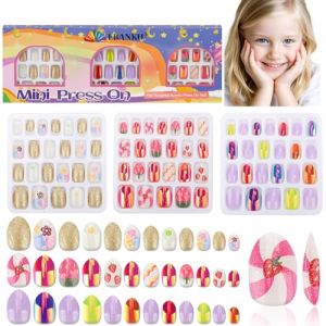 72 pi&egrave;ces de faux ongles pour enfants, EBANKU 3 Pack de faux ongles pour enfants Kit rose, violet, or, fleur de fraise pour filles 8-12 ans avec adh&eacute;sifs en gel&eacute;e pour ongles (Little Five, neuf)