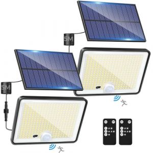 LOTMOS Lot de 2 Lampe Solaire Exterieur Detecteur de Mouvement avec T&eacute;l&eacute;commande, 342 LED Lumiere Solaire IP65 &Eacute;tanche Spot Solaire, 3 Modes Eclairaget Solaire pour Jardin Garage Cour, Blanc Froid (Lotmos-EU, neuf)