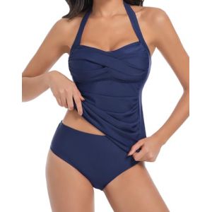 Muwodkdn Maillot de Bain Femme 2 Pieces 2025 Tankinis Femme Ventre Plat Maillot De Bain Deux Pièce Push Up Ensembles de Tankini avec Soutien-Gorge Haut de Tankini et Short de Bain Bleu Marine S (Broslooth, neuf)
