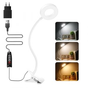 Akynite Lampe de Bureau Blanche avec Pince et Adaptateur, 48 LED Make Up Lampe, 3 Couleur et 10 Intensite, LED Lampe USB Flexible, Clip Lampe de Lecture au Lit Enfant, Lampe Pince pour PC (Akynite FR, neuf)