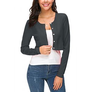 EXCHIC Femmes Manches Longues Bolero Court Cardigan Collier Rond Tricot Gilets Sweaters avec Boutons (XL, Gris) (EEVASS, neuf)