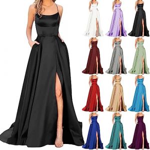 Robe De Soiree Femme Robe Ete Chic et Elegant Maxi Longue en Satin &eacute;l&eacute;gante Sexy Dos Nu Fendue Spaghetti Sangle Couleur Unie Swing pour Bal Mariage Cocktail Robe de Soir&eacute;e Longue Mariage Party Dress (GUnakd, neuf)