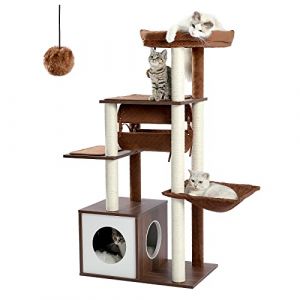 PAWZ Road Arbre à Chat en Bois Design Plateforme Arbre a Chat Moderne avec Tunnel Suspendu 130cm (Marron) (Johnson SY, neuf)