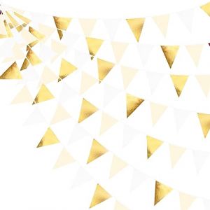 32Ft Or Beige blanc Tissu Fanion Bannière Drapeau Guirlande de Décoration de fête Banderoles de Blanches Dorées pour Anniversaire Bapteme Mariage diplômé Retraite Célébration de Vacances de fête Decor (MZY Co., Ltd, neuf)