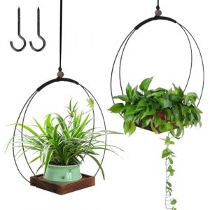 mumisuto 2 Pièces Pot Suspendu Plante Interieur avec Base en Bois, Boho Moderne Suspension Plante Intérieure, Decoration Chambre Aesthetic, pour Plantes de Petite à Moyenne Taille (Noir1) (Cimophe, neuf)