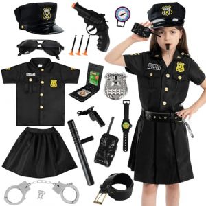 Deguisement Policier Enfant, 15PCS Costume Policier Deguisement Fille,Costume de Police Chemise,Jupes,Chapeau,Ceinture,Menotte,Lunettes,Talkie-Walkie,Pistolets Jouets,Pour Carnaval Halloween Policiere (xinmaike, neuf)