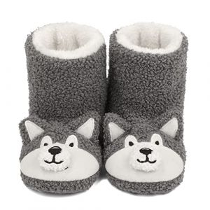 LACOFIA Pantoufles Enfant Bottes de Maison Chaussons Antidérapantes pour Animaux d'hiver en Peluche Enfant Filles Chien Gris 26/27 (Lacofia, neuf)