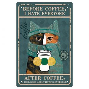 CREATCABIN Chat Caf&eacute; Signe Vintage Dr&ocirc;le M&eacute;tal Tin Sign R&eacute;tro D&eacute;coration Murale Art Poster Peintures pour Maison Cuisine Salle de Bains Chambre Caf&eacute; Bar Pub D&eacute;corations 30x20cm (CREATCABIN FR, neuf)