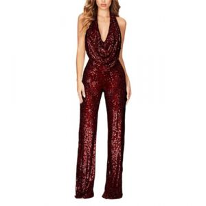 ORANDESIGNE Femme Combinaison &agrave; Paillettes avec Col en V Profond &Eacute;l&eacute;gant Paillet&eacute; Jumpsuit Sans Manches Jambes Larges Playsuit Scintillante Long Pantalon Cocktail Soir&eacute;e Romper A Rouge S (Wowmart Zoo X., neuf)