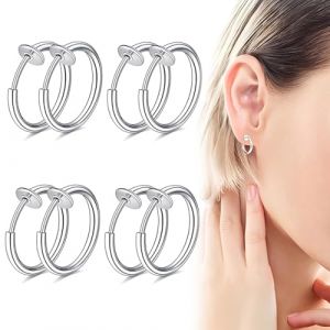 LEPZUR Fausse Boucle D'Oreille Homme, 4 Paires De Boucles D'Oreilles Clips En Acier Inoxydable, Sans Per&ccedil;age, Argent, Anneaux Et Cr&eacute;oles, 10Mm (GloriseGO, neuf)