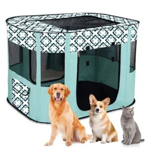 Clôture pliable pour chien - Parc portable pour chiots - Parc d'intérieur pliable pour chatons, chiots, lapins, taille L (vert à carreaux) (lovehomevp, neuf)