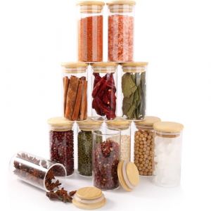 FoiiLiio 12 Bocaux à Épices Ronds en verre 150 ml avec couvercle en Bambou, RéCipient à ÉPices, Ensemble de Pots à ÉPices, Boite a Epices Cuisine Rangement avec Étiquettes Vierges (AVOGERS, neuf)