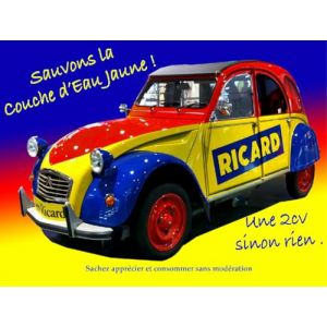 Plaque m&eacute;tal vintage Ricard 2CV &ndash; d&eacute;co r&eacute;tro humoristique &ndash; Voiture ancienne &ndash; Bar, garage, cuisine, bistrot, collection &ndash; Style pub fran&ccedil;aise ann&eacute;es 70-15x20 cm (Jm-D&eacute;co, neuf)