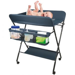 Supfine Table &agrave; Langer Pliable et Portable, Table a Langer Pliante Chambre B&eacute;b&eacute; R&eacute;glable en Hauteur, 4 Roues avec Freins, Meuble &agrave; Langer pour De la naissance &agrave; 12 Mois (Bleu Fonc&eacute;) (hlang EU, neuf)