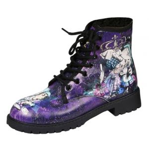 Bottes pour Femmes Bout Rond Talons Bloc Bottines Plateforme Gothique À Lacets Punk Bottes De Combat De Moto en Cuir Imprimé Multicolore Grosses Bottes Courtes (ToBe-One, neuf)