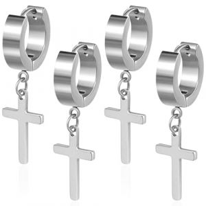 AFCJLTO 2 Paires Boucle d'Oreille Homme,Boucles d'oreilles Croix Boucle d'oreille Croix Boucle d'oreille Homme Acier Inoxydable Boucles d'Oreilles Créoles Boucles d'Oreilles Piercing Cartilage(Argent) (JING DAYU, neuf)