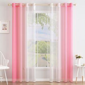 MIULEE Rideau Voilage Lot de 2 Rideaux D&eacute;grad&eacute; &agrave; Oeillet Voilages Int&eacute;rieur Fen&ecirc;tre en Polyester Couleur Chang&eacute;e Voile Transparent D&eacute;cor pour Salon Chambre Bureau Blanc avec Rose 140 * 175cm (MIULEE HOME, neuf)