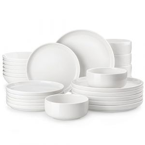 MALACASA Série LUNA Service de Vaisselle Rond 48 Pièces en Porcelaine pour 12 Personnes avec Assiettes Plates, Assiettes à Salade, Assiettes Creuses, Bols à Soupe, Service de Table Blanche (MALACASA Modern Tableware, neuf)