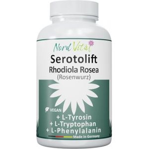 Serotolift® Original – Précurseurs sérotonine & dopamine – Rhodiola Rosea, L-tryptophane, L-tyrosine, L-phénylalanine, chrome, zinc, vit. D3, B5, B6, B9, B12 – Vegan – Fabriqué en Allemagne (Nord Vital, neuf)