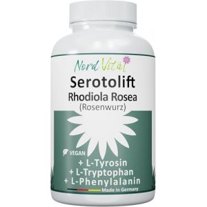 NOUVEAU! Serotolift -Précurseurs de la sérotonine et de la dopamine -Rhodiola Rosea, L-tryptophane, L-tyrosine, L-phénylalanine, chrome, zinc, vitamines D3, B5,B6,B9 et B12-Vegan-Fabriqué en Allemagne (Nord Vital, neuf)