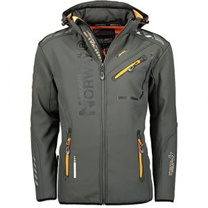 Geographical Norway Royaute Men Distribrands - Veste Softshell Homme Impermeable - Manteau Respirant À Capuche Outdoor - Blouson Coupe Vent Tactique Resistant Hiver (Gris_fonce_Orange XXL) (SAS Bluebell, neuf)