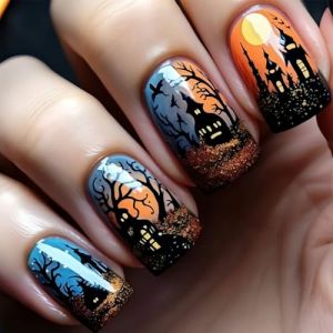 Faux ongles pour Halloween - Presse ventre - Avec motifs festifs et facile &agrave; utiliser - For&ecirc;t effrayante - Faux ongles amovibles (YUNNIYUEYANG Electronics, neuf)