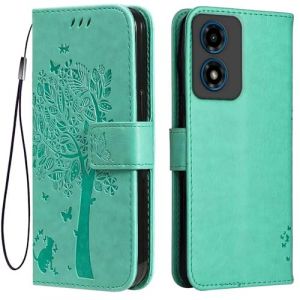 Topme &Eacute;tui en Cuir pour Motorola Moto E14 / G04S / G04 / G24 / G24 Power (6.5" inches), [ Coque Housse de T&eacute;l&eacute;phone Style Motif Chat Et Arbre] - Vert (topme, neuf)