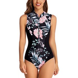 FEOYA Maillot de Bain Femme 1 Pièce sans Manches Élégant Imprimé Maillot Rashguard avec Fermeture Eclair Avant Combinaison de Natation Monokini Body Couleur 12 L (GAOCHENGEU, neuf)
