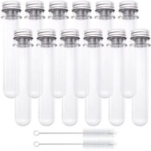 Aililong Lot de 12 tubes à essai de 45 ml avec bouchon à vis - Tubes en verre transparent et tubes à essai en plastique pour vase à fleurs, perles, bonbons et utilisation en laboratoire (Aililong, neuf)