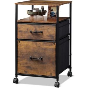 DEVAISE Caisson de Bureau Mobile avec Étagère Ouverte Meuble Rangement sous Bureau 2 Tiroirs Tissu pour Documents A4/Letter, Style Industriel Rétro Brun Campagne à Roulettes (WIEK International Handel GmbH, neuf)