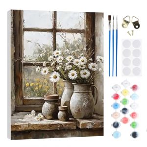 RICUVED Fen&ecirc;tre Peinture par Num&eacute;ros Adulte,Fleur Peinture par Num&eacute;ros Kits avec Cadre en Bois Toile Huile Peint la Main avec Pinceaux Kits Adultes Artisanat pour la Maison 20x30cm (FANDIJIA, neuf)