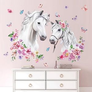 decalmile Stickers Muraux Fille Tête de Cheval Autocollant Mural Chevaux Fleur Papillon Décoration Murale Chambre Enfants Bébé Pépinière Salon (DecalMile Direct, neuf)