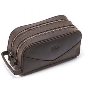 Contacts Homme Trousse de Toilette de Affaires Voyage en Cuir de Vache avec Grande Capacité Double Fermeture Éclair, 1#café, Taille Unique, Trousse de Toilette (Contacts Wallet, neuf)