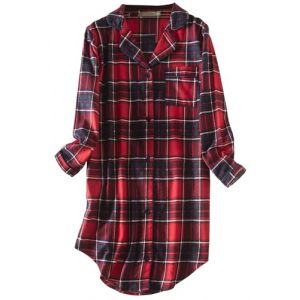 CHUNG Chemise de nuit &agrave; manches longues boutonn&eacute;e pour femme - Chemise de nuit &agrave; carreaux - Motif tartan - Flanelle et coton, Vert/rouge., S (CHUNG Underwear, neuf)