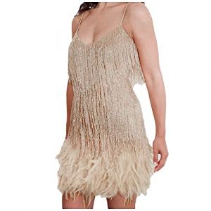 Cadeau Femme Robe Gatsby Couleur Unie sans Manche 1920S Robe à Frange Bretelles Robe à Charleston Déguisement pour Soirée Danse Latine Robe Soiree Femme Paillette Costume Samba Femme (PINTUTU SEXY, neuf)